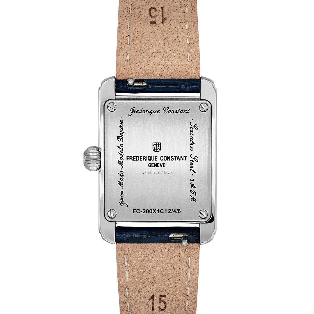 The Frederique Constant Classics Carree Quartz 21mm x 15mm women's watch features a tan leather strap, visible screws, engraved text, and serial numbers on its rectangular stainless steel case back.