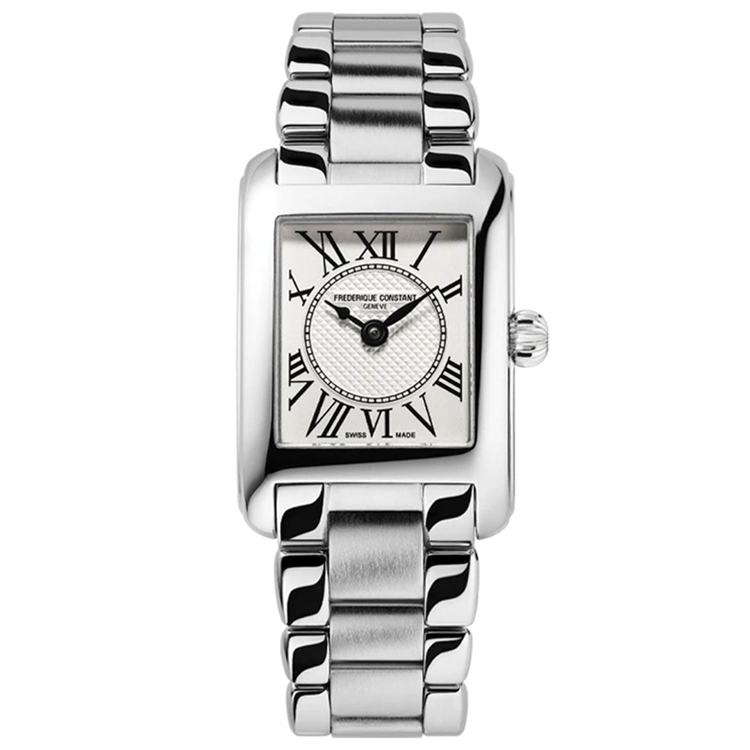 The Frederique Constant Classics Carree Ladies Quartz 30mm Watch features a white dial with black Roman numerals, blue hands, a rectangular silver case, and a polished silver bracelet.