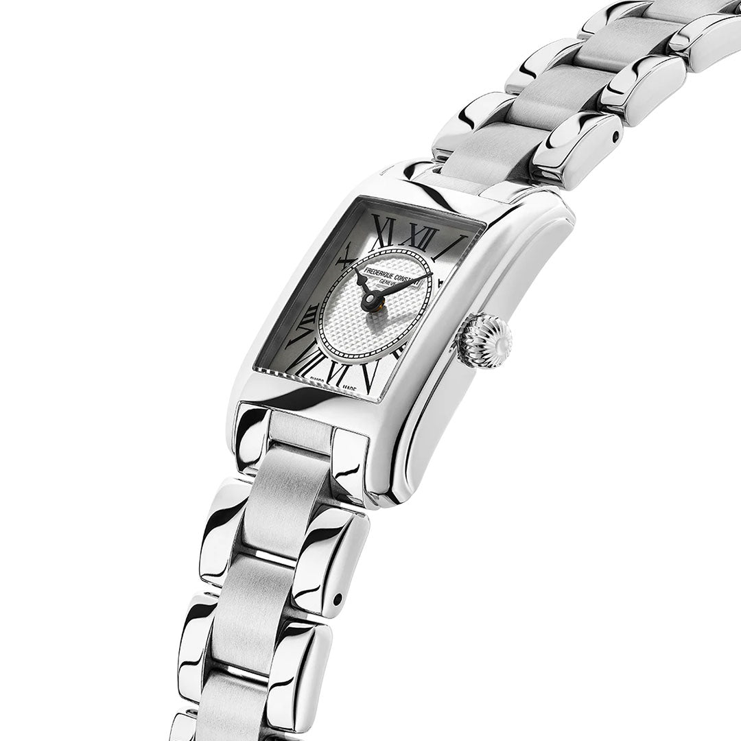The Frederique Constant Classics Carree Ladies Quartz 30mm Watch features a rectangular face, Roman numeral markers, sleek black hands, and a metal link band, elegantly showcased against a white background.