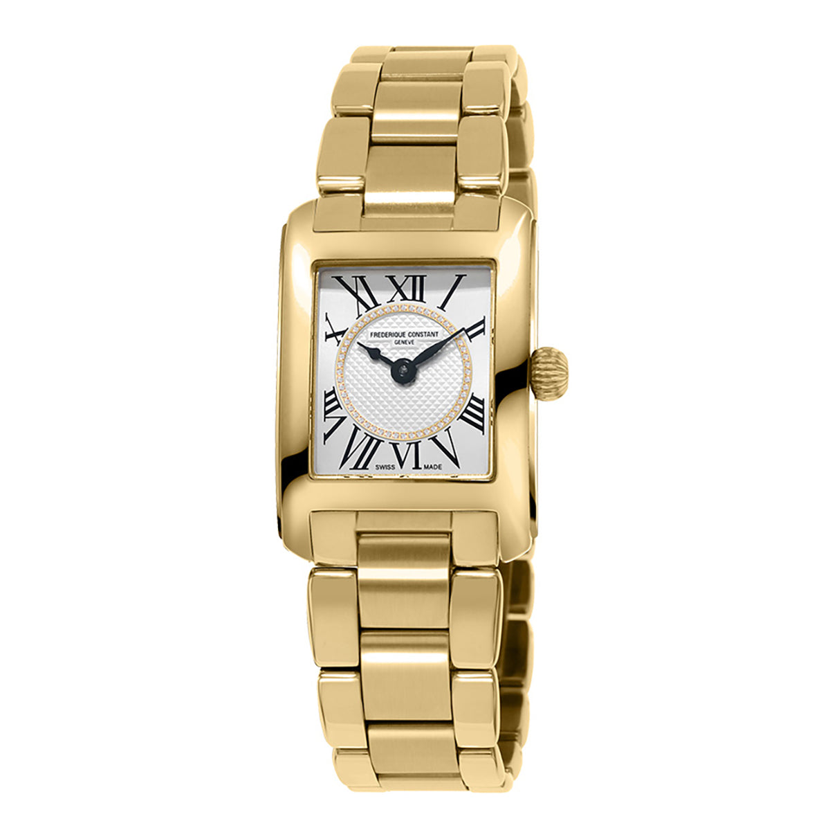 The Frederique Constant Classics Carree Ladies Quartz 30mm x 21mm Watch by Frederique Constant is an elegant gold wristwatch with a polished case, black Roman numeral indexes on a white background, and a square-shaped design. It features a luxurious gold link bracelet and includes a crown on the right side.