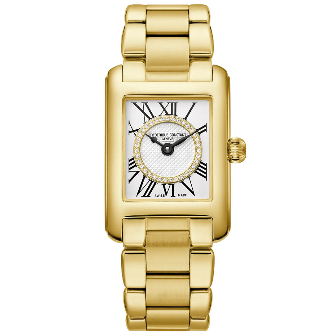 The Frederique Constant Classics Carree Quartz 23mm x 21mm ladies watch features a gold-tone square case, white dial with black Roman numerals, metallic band, and decorative stones at the center for a refined look.