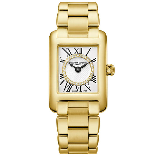 The Frederique Constant Classics Carree Quartz 23mm x 21mm ladies watch features a gold-tone square case, white dial with black Roman numerals, metallic band, and decorative stones at the center for a refined look.