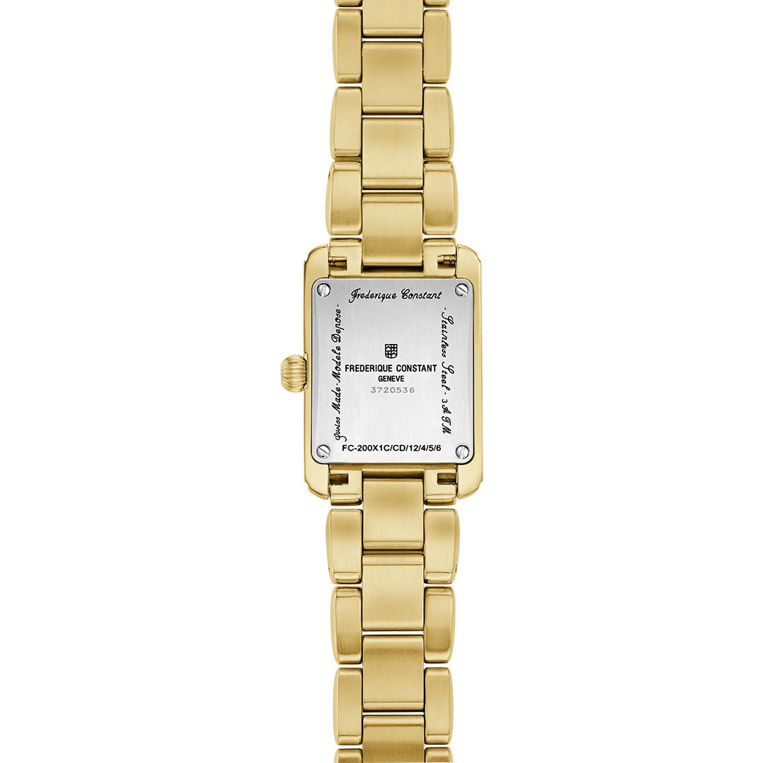 Back view of the Frederique Constant Classics Carree Quartz 23mm x 21mm Watch, featuring a gold metal link bracelet and an engraved case back with Frederique Constant branding and serial numbers.