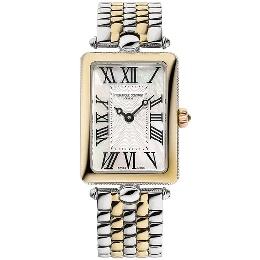 The Frederique Constant Classics Art Deco Carree Quartz 28mm x 20.7mm watch features a silver and gold two-tone metal band, Roman numeral markers, a white textured dial, a gold-toned crown, and a striking gold bezel.