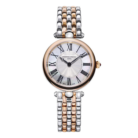 Presenting the Frederique Constant Classics Art Deco Quartz 30mm Watch, a luxury timepiece featuring a round face with Roman numerals and a striking two-tone rose gold and silver linked band. This watch showcases an Art Deco-inspired design, complete with an intricate central pattern on the dial.