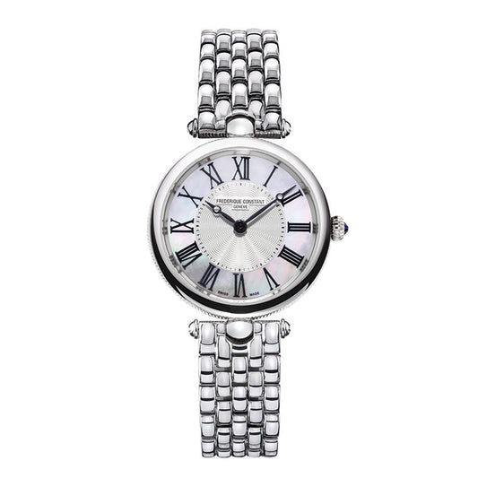 The Frederique Constant Classics Art Deco Quartz 30mm Watch by Frederique Constant is an elegant silver wristwatch featuring a round face with Roman numerals, embodying the charm of the Art Deco style. The dial boasts a mother-of-pearl background, enhanced by a polished stainless steel bracelet crafted from interlocking metal links.
