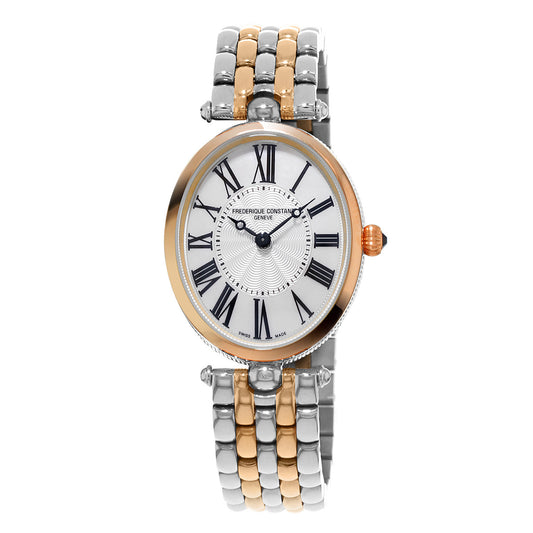 The Frederique Constant Classics Art Deco Quartz 30mm x 25mm Watch from Frederique Constant is a luxury wristwatch featuring a round white face with black Roman numerals, complemented by a vintage-inspired dual-tone silver and rose gold-plated bracelet. It includes a gold bezel with intricate detailing on the face.