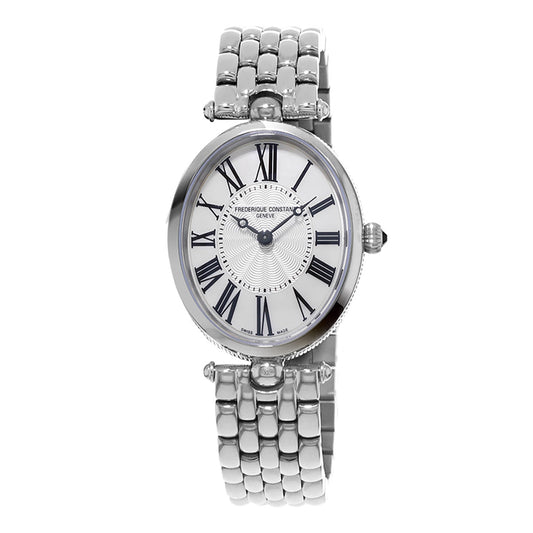 A Frederique Constant wristwatch showcases a vintage-inspired linked bracelet in silver, paired with a round white face adorned with black Roman numerals and hands. Below the 12 marker, "Frederique Constant" is prominently displayed, capturing the timeless elegance of the Classics Art Deco design.
