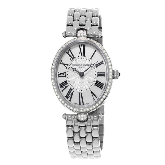 The Frederique Constant Classics Art Deco Quartz 30mm x 25mm Watch is a silver luxury watch that showcases a textured mother-of-pearl face adorned with black Roman numerals and bejeweled edges. The name "Frederique Constant Geneve" elegantly graces the dial, and it features a linked metal band for a touch of timeless elegance.