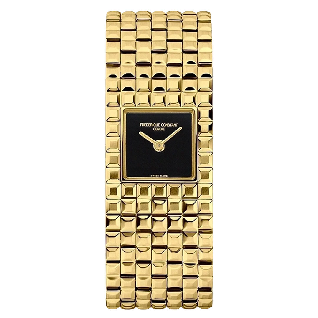 A Frederique Constant Classics Manchette Quartz 25.7mm Watch, highlighted by a gold finish and featuring a black square face with an elegant Clou de Paris motif, complemented by a thick, textured bracelet crafted from polished rectangular links.