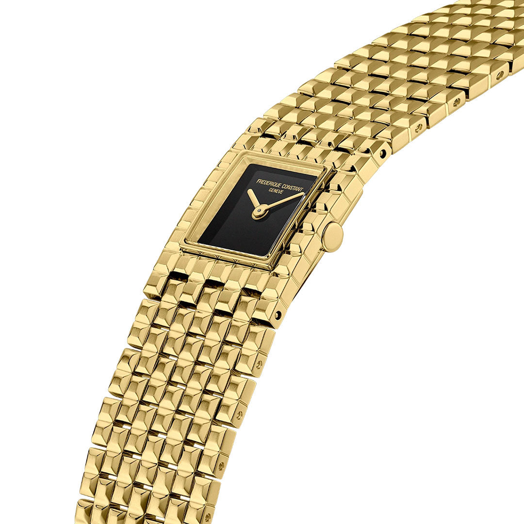 The Frederique Constant Classics Manchette Quartz 25.7mm Watch by Frederique Constant is shown at an angle against a white background, showcasing its gold bracelet strap with the Clou de Paris motif, rectangular black face, gold hands, and elegant Classics Manchette design.
