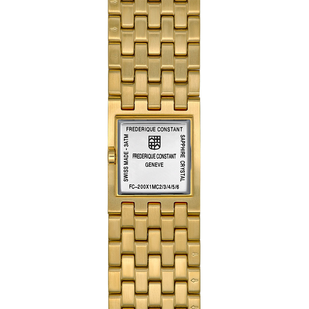 Back of a gold Frederique Constant Classics Manchette Quartz 25.7mm watch showing the brand name, “Swiss Made,” “Sapphire Crystal,” Geneva location, and the model number FC-200X1MC2/3/4/5/6 engraved on the case. This timepiece from Frederique Constant’s Classics Manchette collection features the refined Clou de Paris motif for an added touch of elegance.