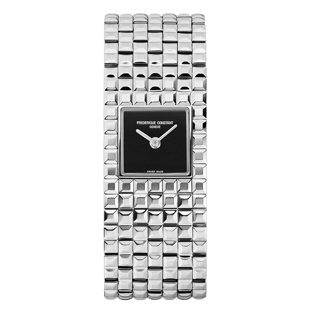 The Frederique Constant Classics Manchette Quartz 25.7mm Watch has a square black Clou de Paris dial and geometric metal link band, shown from above on a white background.