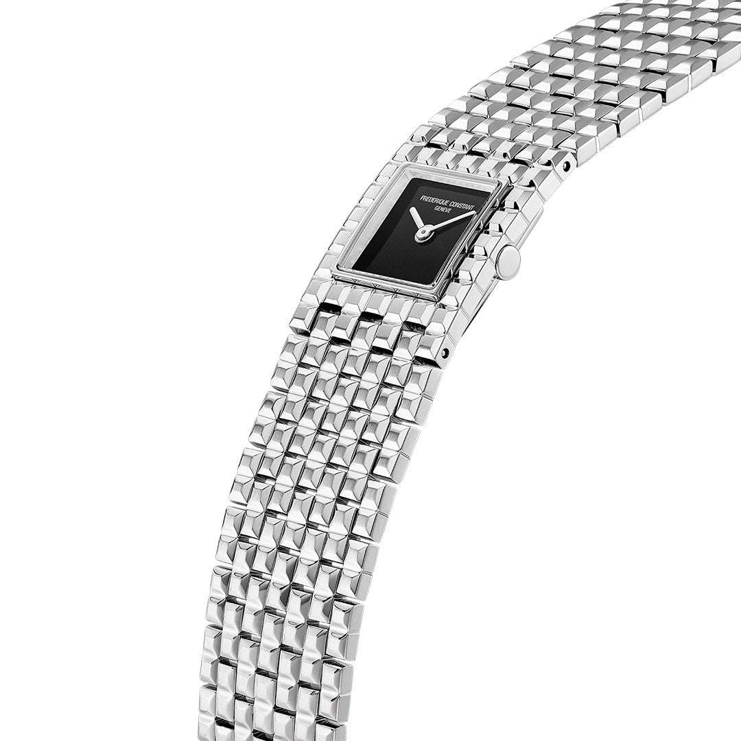 The Frederique Constant Classics Manchette Quartz 25.7mm Watch features a minimalist black square face, two hands, and a textured Clou de Paris metal band, displayed diagonally on a white background.