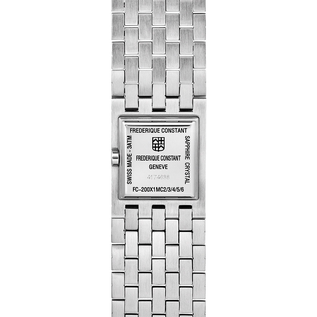Back view of the Frederique Constant Classics Manchette Quartz 25.7mm Watch, featuring engraved text and logo on its rectangular stainless steel case, with a detailed metal link bracelet.