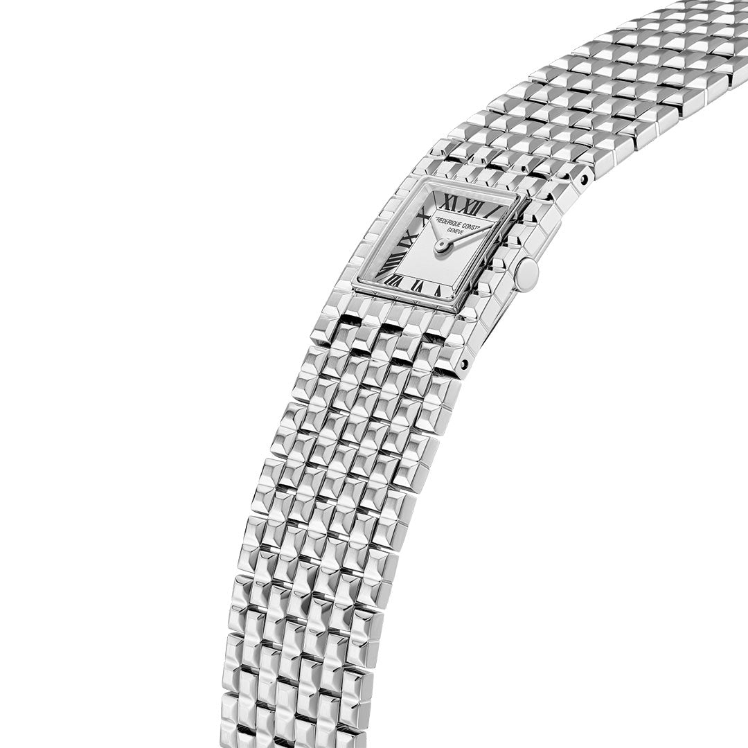 The Frederique Constant Classics Manchette Quartz 25.7mm women's watch features a rectangular face, Roman numeral hour markers, and a polished stainless steel bracelet, set against a white background.