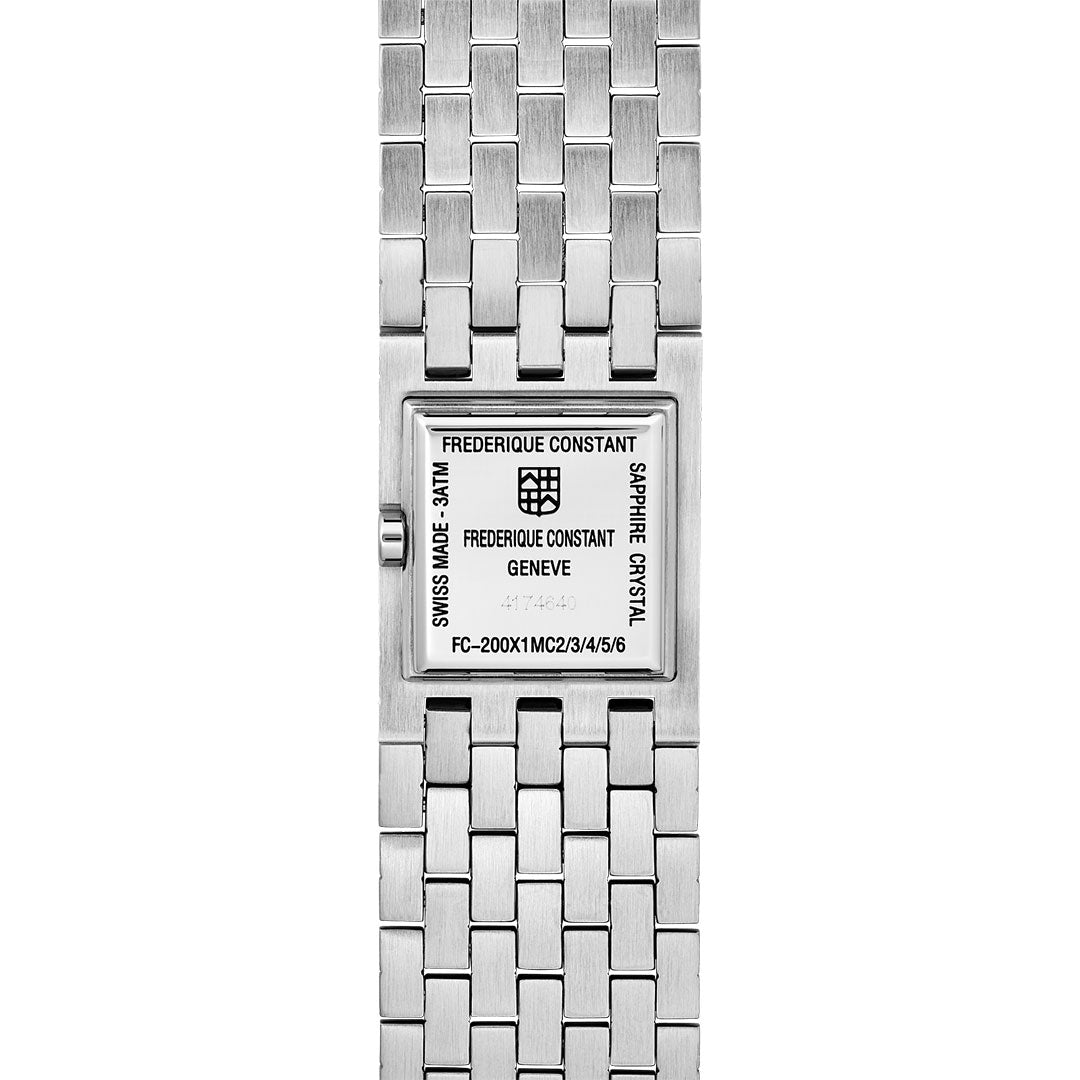 Back view of the Frederique Constant Classics Manchette Quartz 25.7mm women's watch in silver with a rectangular case, stainless steel bracelet, and engraved Frederique Constant branding, model details, and "Swiss Made" inscription.