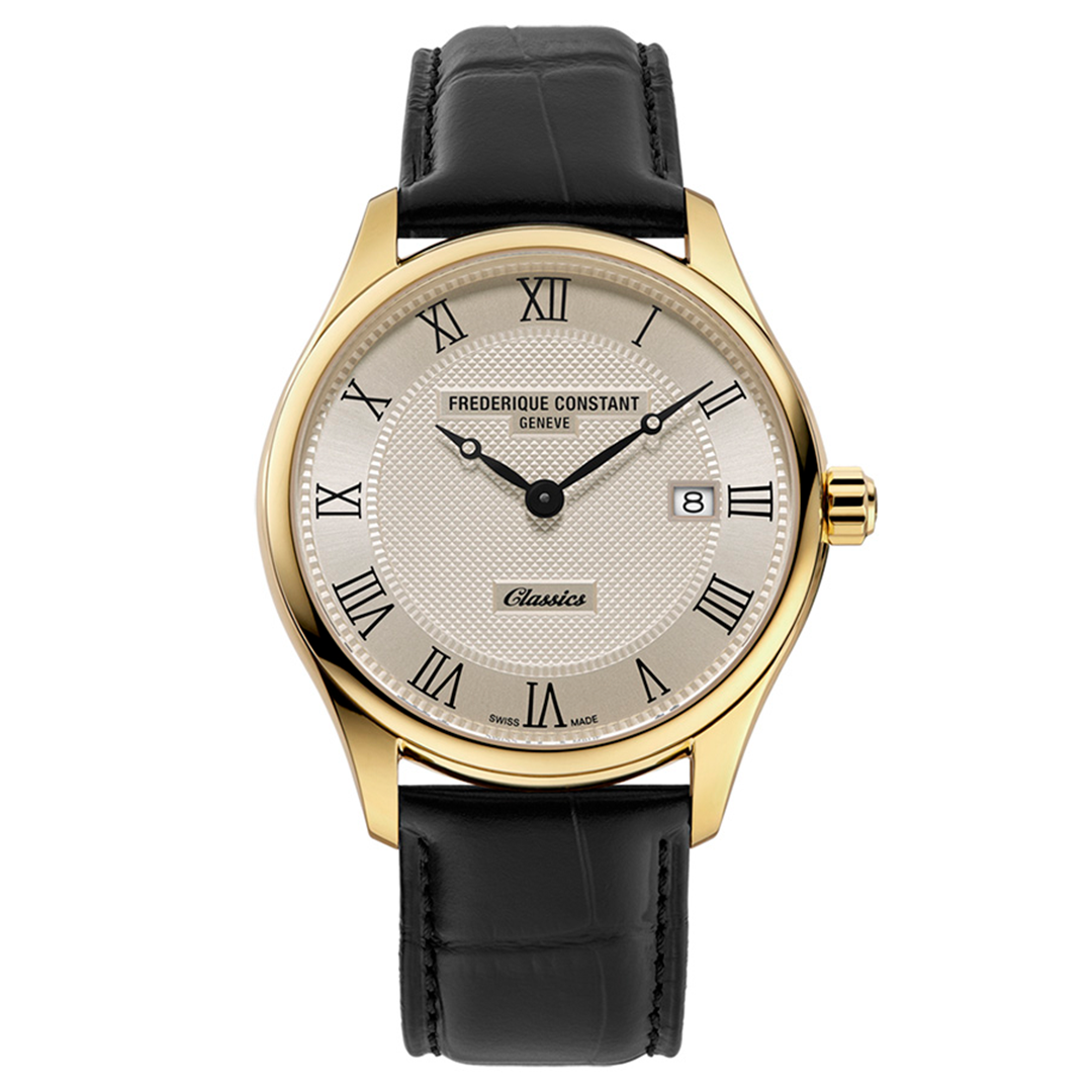 Frederique Constant Classics Quartz Date 40mm Watch with a gold-plated case, cream-colored textured dial, black Roman numerals, a date window, and a black leather strap.