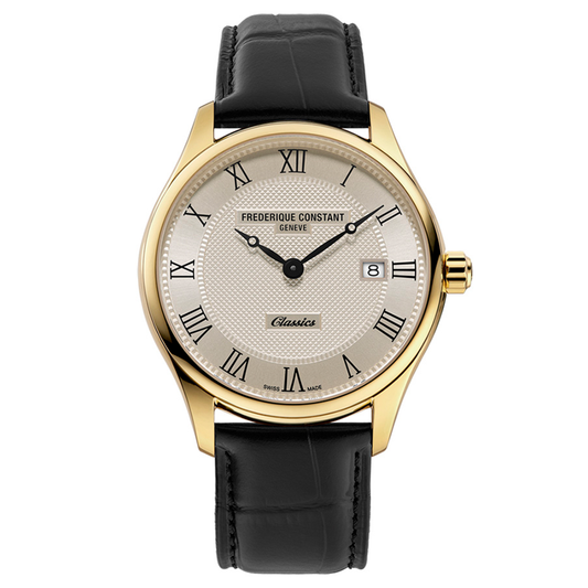 Frederique Constant Classics Quartz Date 40mm Watch with a gold-plated case, cream-colored textured dial, black Roman numerals, a date window, and a black leather strap.