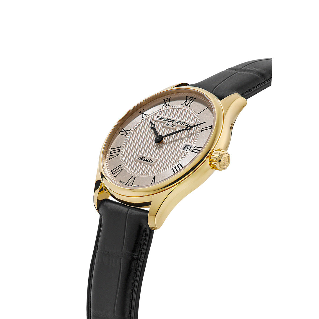 Frederique Constant Classics Quartz Date 40mm Watch with a gold-plated case, textured silver dial, black Roman numeral indices, date window, and a classic black leather strap.