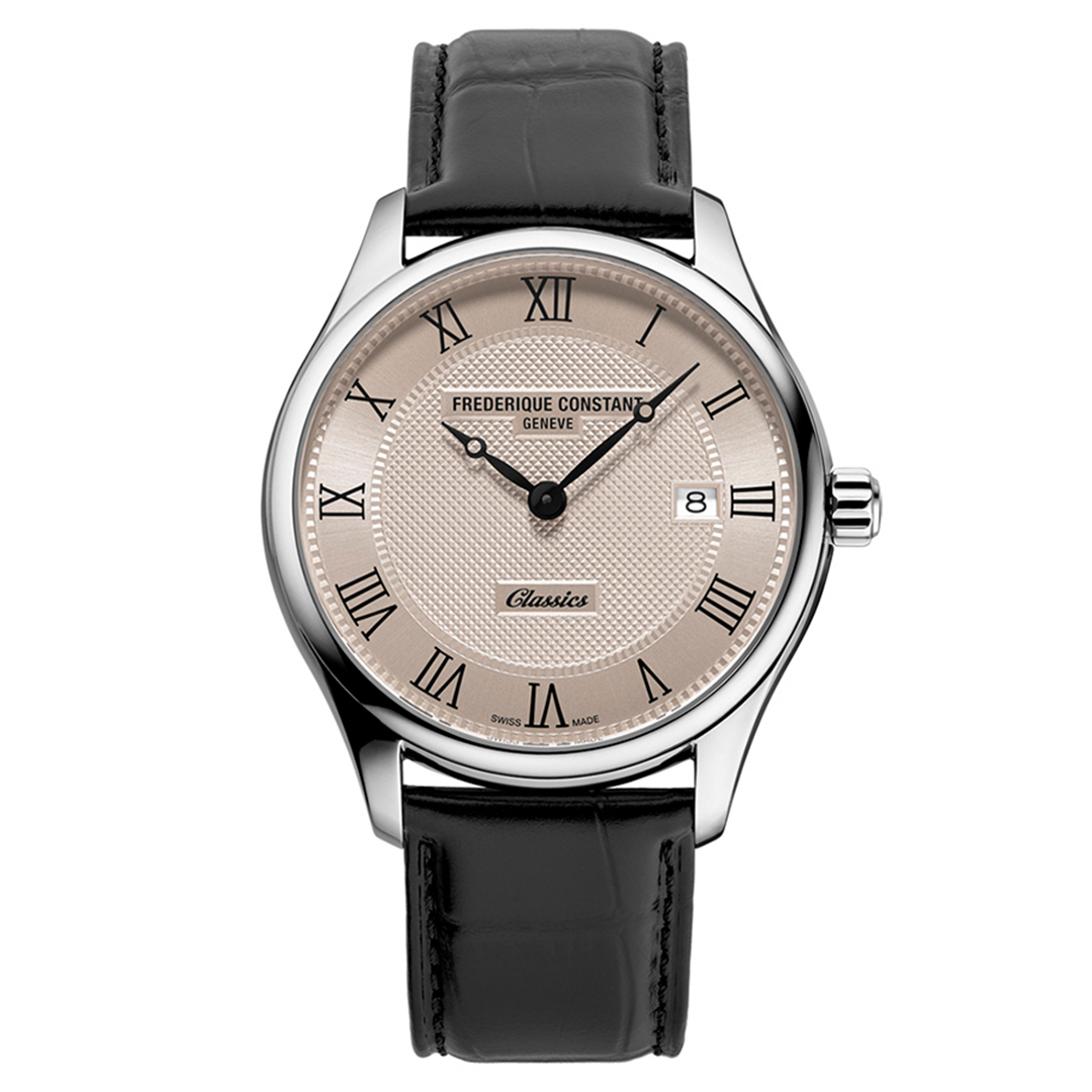 Frederique Constant Classics Quartz Date 40mm watch with a silver case, beige textured dial, black Roman numerals, date window at three o’clock, and a black leather strap.