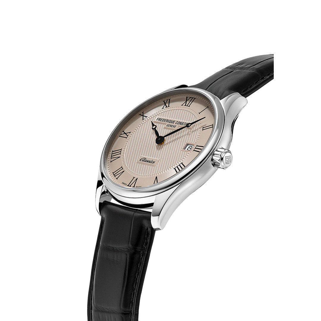 A silver-toned Frederique Constant Classics Quartz Date 40mm Watch featuring a champagne-colored dial, black Roman numerals, and a black leather strap.