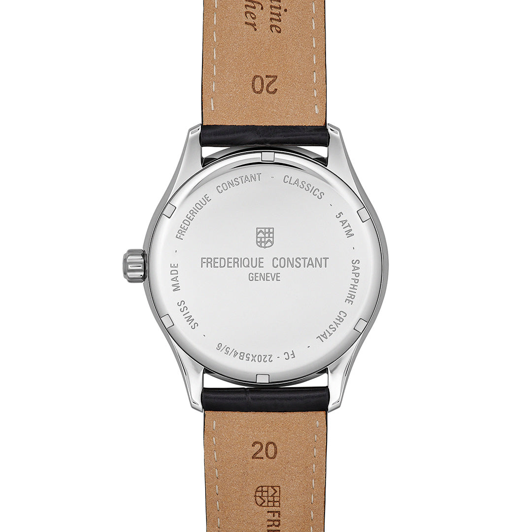 Case back of a silver-tone Frederique Constant Classics Quartz Date 40mm Watch with a black leather strap, showing engraved brand details and technical specifications.