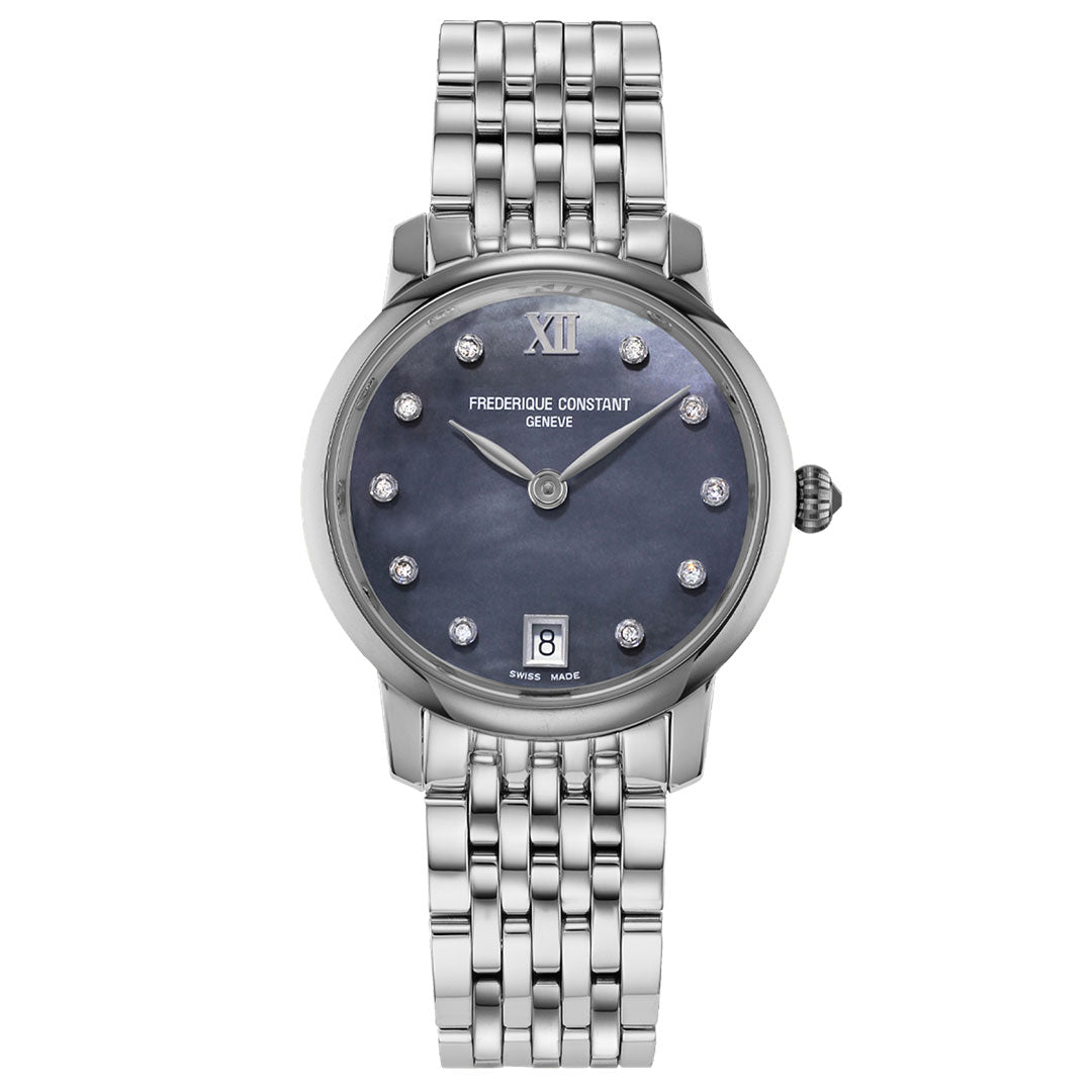 The Frederique Constant Slimline Quartz 30mm Watch features a round black dial with diamond markers, a silver Roman numeral at 12 o’clock, date window at 6 o’clock, and a stainless steel bracelet.