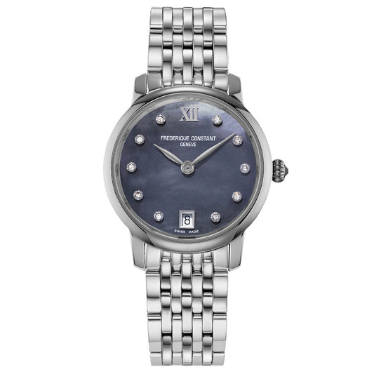 The Frederique Constant Slimline Quartz 30mm Watch features a round black dial with diamond markers, a silver Roman numeral at 12 o’clock, date window at 6 o’clock, and a stainless steel bracelet.