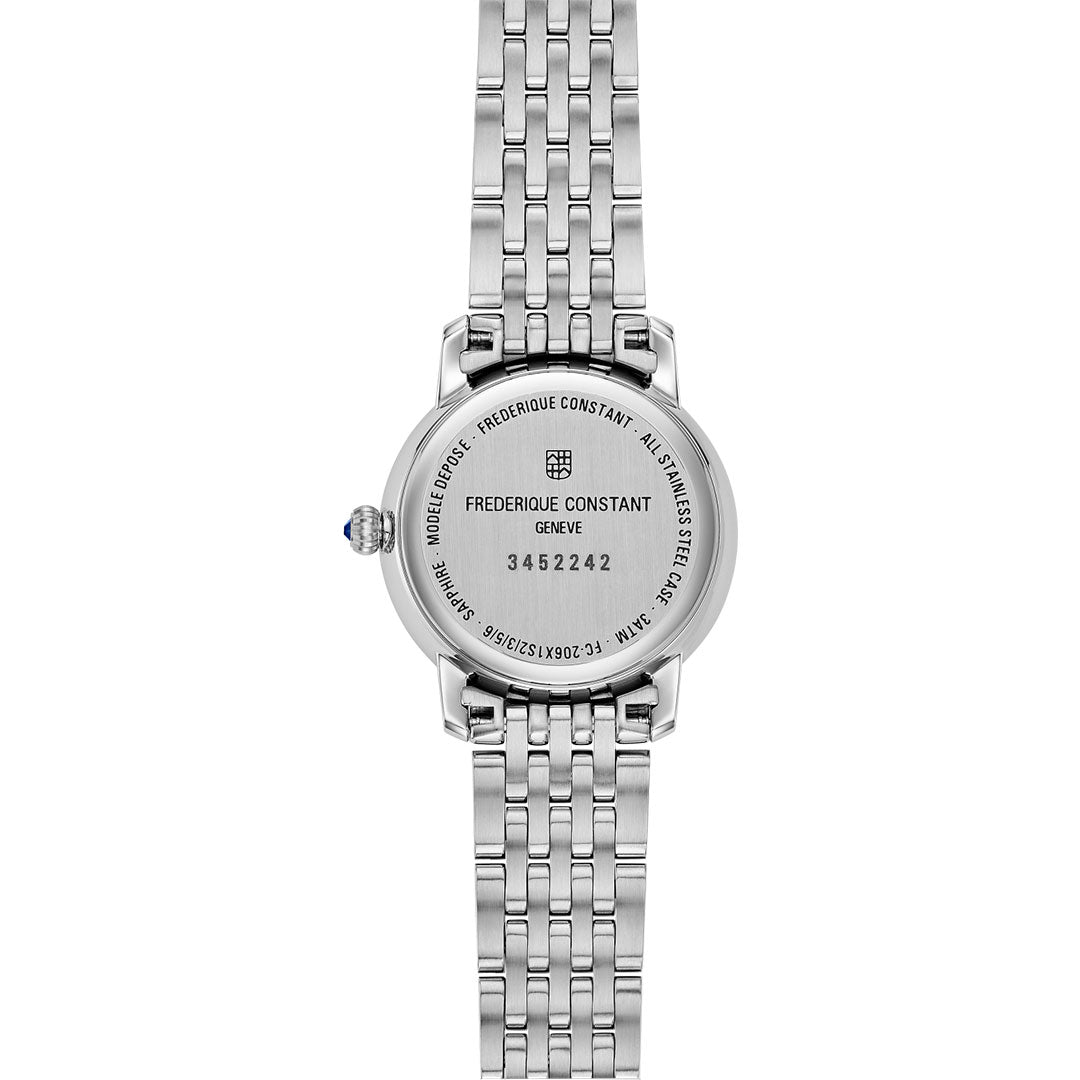 The Frederique Constant Slimline Quartz 30mm Watch features a stainless steel bracelet and an engraved case back displaying the brand name, Geneva, serial number 3452242, and other specifications in an elegant layout.