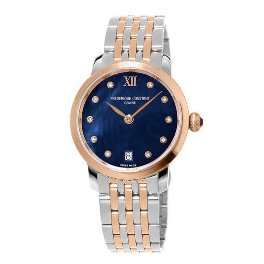 Introducing the Frederique Constant Slimline Quartz 30mm Watch, a luxury timepiece for ladies that boasts a sophisticated two-tone metal band in silver and rose gold. It features an elegant deep blue face adorned with a rose gold Roman numeral at 12 o'clock, sparkling diamond hour markers, and a date display positioned above 6 o'clock.