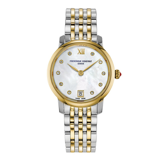 The Frederique Constant Classics Slimline Quartz 30mm Watch boasts a gold and silver design with a mother-of-pearl dial, Roman numeral XII, and round diamond hour markers. It includes a date display at the 6 o'clock position alongside the "FREDERIQUE CONSTANT" branding. The Slimline Ladies bracelet features alternating gold and silver links.