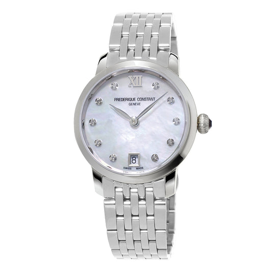 The Frederique Constant Classics Slimline Quartz 30mm Watch showcases a silver finish with a mother-of-pearl dial, embellished with diamond hour markers and a prominent Roman numeral XII. This sophisticated timepiece is accompanied by a stainless steel bracelet and features a date display at the 6 o'clock position.