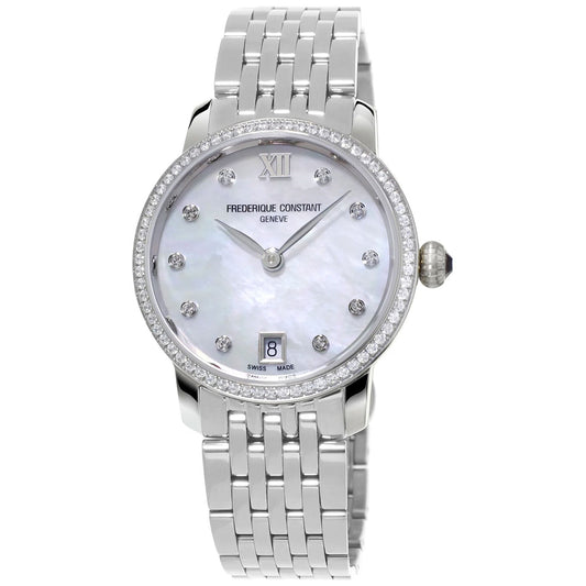 The Frederique Constant Slimline Quartz 30mm women's wristwatch boasts a stainless steel bracelet and a round face with a mother-of-pearl dial. It features diamond hour markers, Roman numeral XII, and a date display at 6 o'clock, with the bezel embellished with small diamonds.