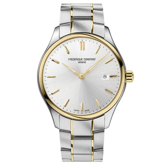 The Frederique Constant Classics Quartz 40mm Watch is an elegant timepiece featuring a silver-tone dial with gold accents, paired with a stainless steel bracelet designed with gold and silver links. It showcases the Frederique Constant brand name prominently and includes a date window at 3 o'clock.