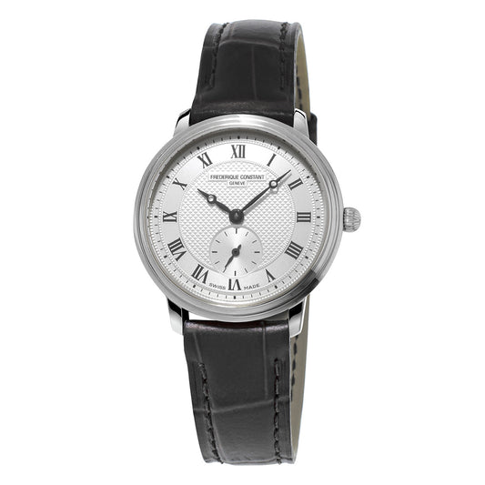 The Frederique Constant Slimline Ladies Quartz 28.6mm Watch boasts an elegant and timeless design with a silver round face, black Roman numerals, a small subdial, and a sleek silver bezel. This sophisticated look is completed with a stylish black leather strap.