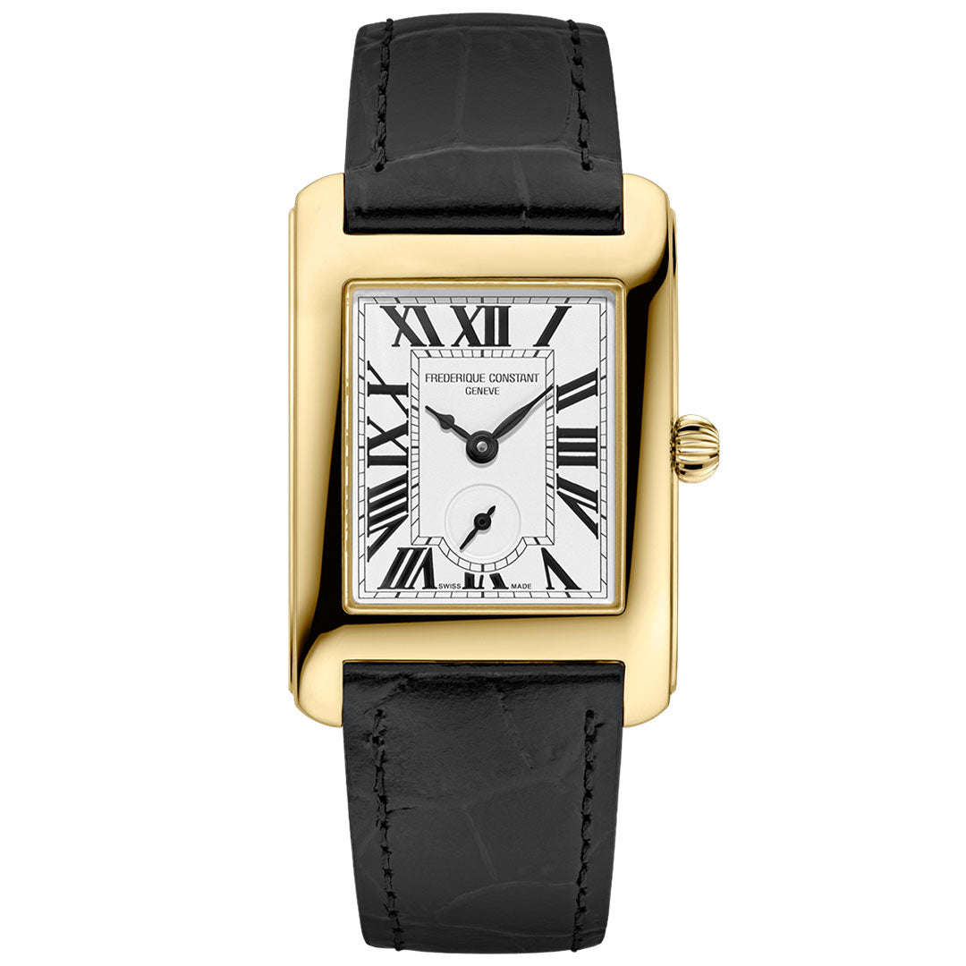 The Frederique Constant Classics Carree Small Seconds Quartz 36mm x 18mm features a gold tone stainless steel case, white dial with black Roman numerals and small subdial above 6, plus a black calf leather strap. "Frederique Constant" on the dial.