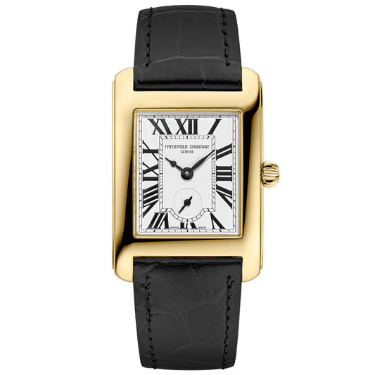 The Frederique Constant Classics Carree Small Seconds Quartz 36mm x 18mm features a gold tone stainless steel case, white dial with black Roman numerals and small subdial above 6, plus a black calf leather strap. "Frederique Constant" on the dial.