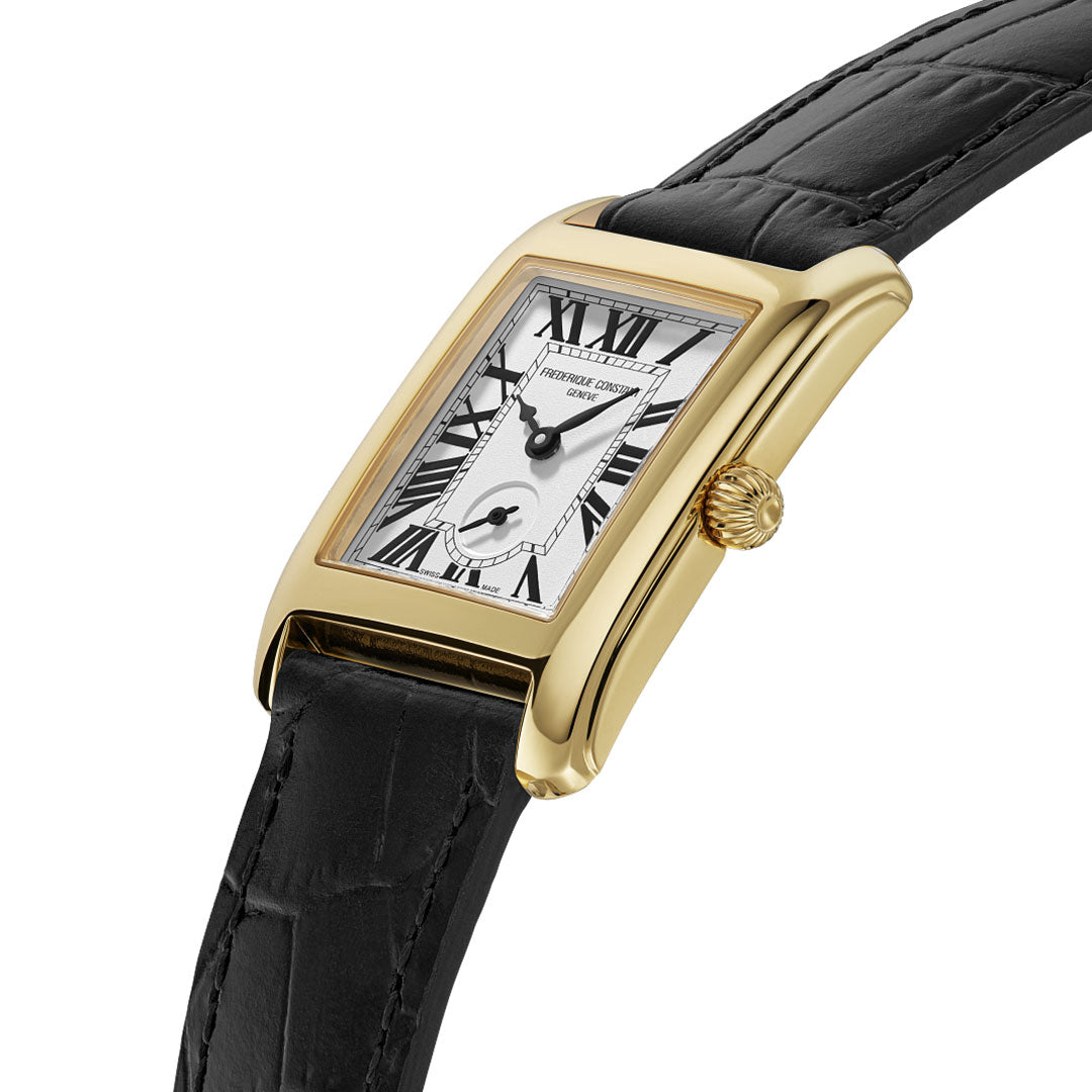 The Frederique Constant Classics Carree Small Seconds Quartz 36mm x 18mm watch features a rectangular gold-tone stainless steel case, white dial with black Roman numerals, small seconds subdial, and a black calf leather strap for timeless elegance.