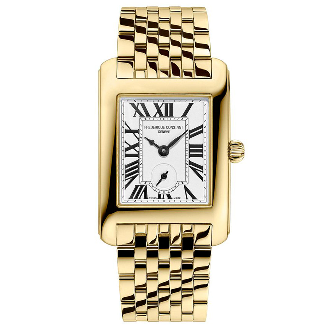 The Frederique Constant Classics Carree Quartz 36mm x 25mm watch features a gold-tone stainless steel case, linked bracelet, white dial with black Roman numerals, small seconds at 6 o'clock, and "Frederique Constant Geneve" on the face.