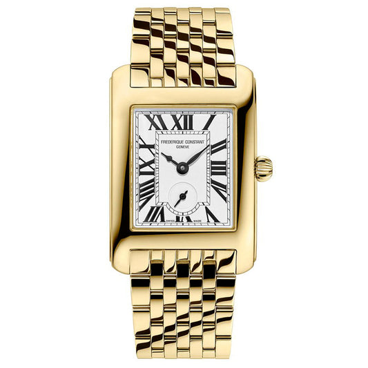 The Frederique Constant Classics Carree Quartz 36mm x 25mm watch features a gold-tone stainless steel case, linked bracelet, white dial with black Roman numerals, small seconds at 6 o'clock, and "Frederique Constant Geneve" on the face.