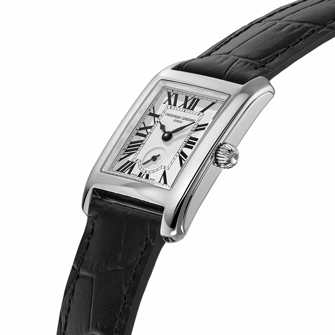 The Frederique Constant Classics Carree Small Seconds Quartz 36mm x 25mm Watch presents a refined aesthetic, marrying luxury with its rectangular form. It features a black leather strap and a white dial embellished with Roman numerals and a date subdial, all encompassed in polished silver for an enduring elegance.