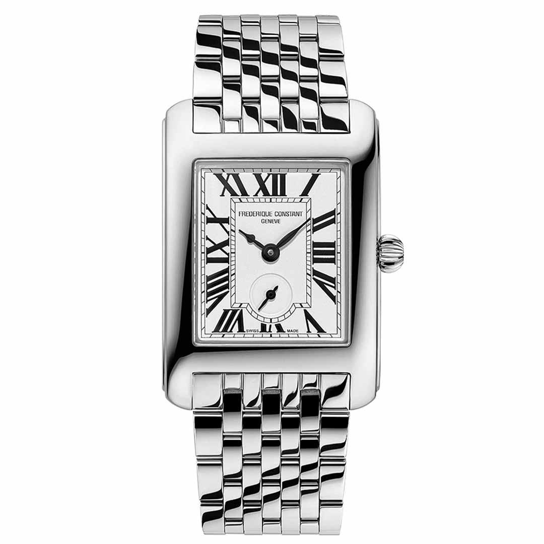 A rectangular wristwatch with a metal link bracelet, this piece features an elegant silvered dial reminiscent of Art Déco design. The watch face displays bold Roman numerals and includes a small seconds subdial at the bottom. Proudly displaying the "Frederique Constant" name, this timeless creation is from their Classics Carrée collection and measures 36mm x 25mm.