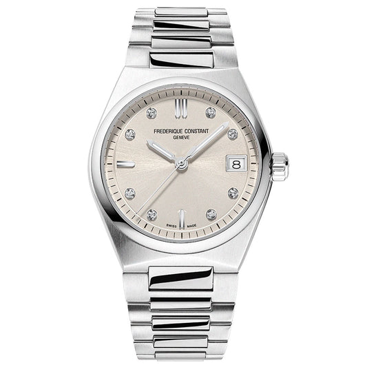 The Frederique Constant Highlife Ladies Quartz 31mm Watch features an elegant silver metal link band, round beige dial with diamond hour markers, date at 3 o’clock, three hands, and an interchangeable strap for versatile style.