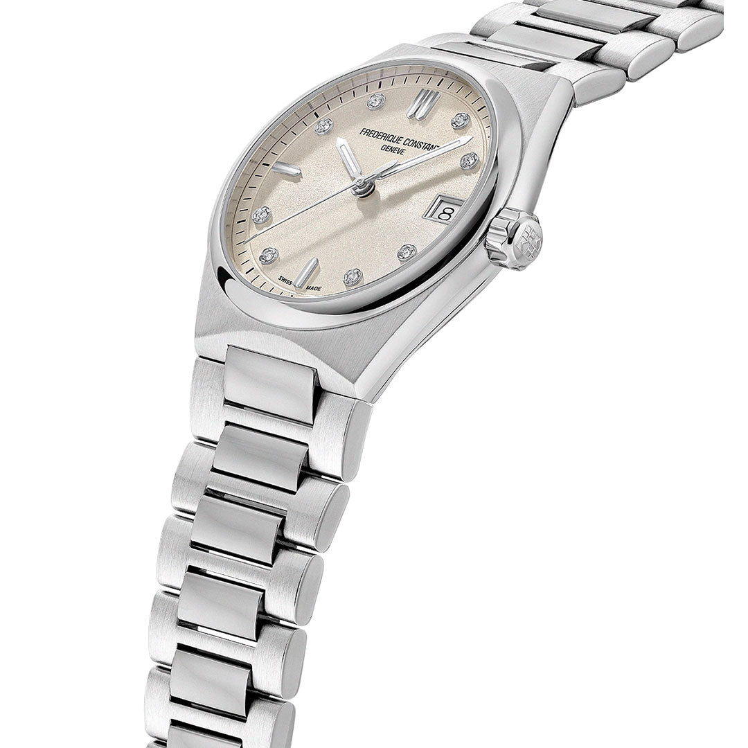 The Frederique Constant Highlife Ladies Quartz 31mm Watch features a silver metallic bracelet, beige textured dial with diamond hour markers, date display, and silver hands, shown at an angle against a white background for an elegant look.
