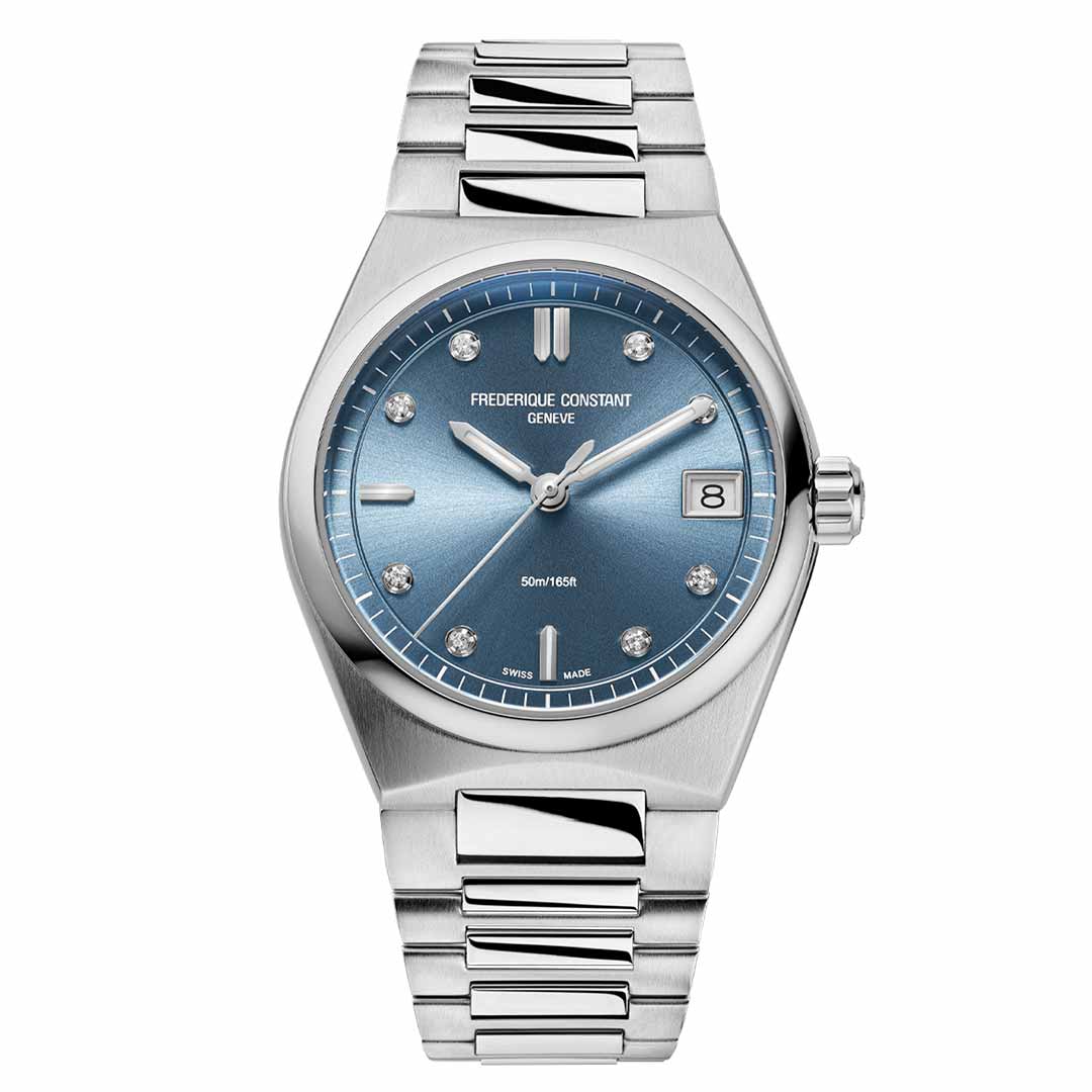 The Frederique Constant Highlife Ladies Quartz 31mm Watch showcases a modern silver wristwatch design with a striking blue dial, adorned with diamond hour markers and luminescent accents. It features a date window at the 3 o'clock position and comes with a polished metal bracelet. The top of the dial prominently displays "FREDERIQUE CONSTANT GENEVE," exemplifying elegance in highlife quartz for ladies.