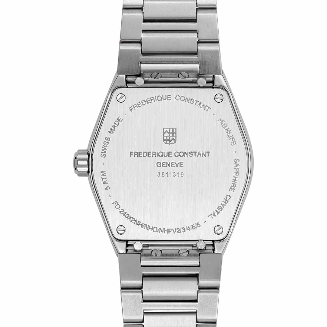 The image showcases the back of a modern-style Frederique Constant Highlife Ladies Quartz 31mm Watch. The stainless steel design features engraved branding, model details, and specifications, with an octagonal case, metal bracelet, and visible screws accentuating its elegance within the collection.