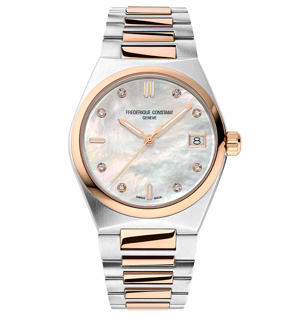 The Frederique Constant Highlife Ladies Quartz 31mm Watch is a luxurious timepiece featuring a stainless steel and rose gold band. Its mother-of-pearl dial is beautifully accented with rose gold details, diamond hour markers, and a date display. The brand name "Frederique Constant" is elegantly showcased on the dial.