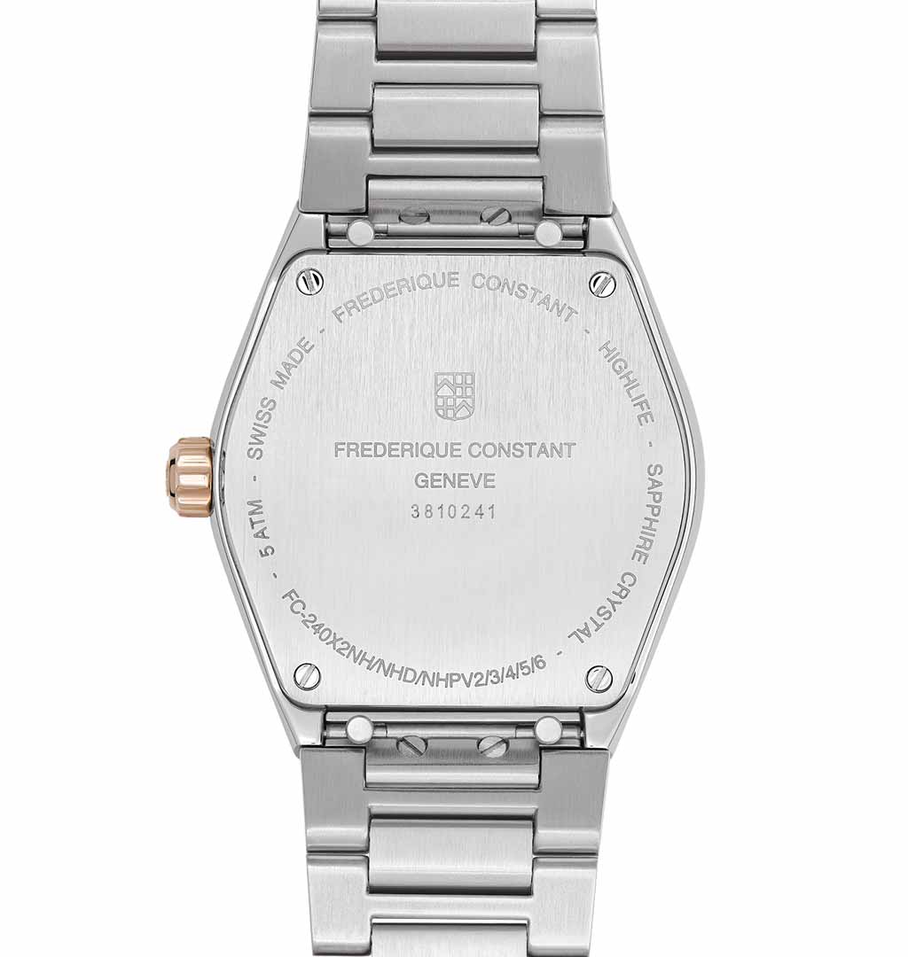 The image displays the back of the Frederique Constant Highlife Ladies Quartz 31mm Watch, a luxury timepiece crafted from brushed stainless steel. It includes engravings that detail its specifications such as "FREDERIQUE CONSTANT GENEVE," water resistance, and serial numbers, complemented by a gold-tone crown.