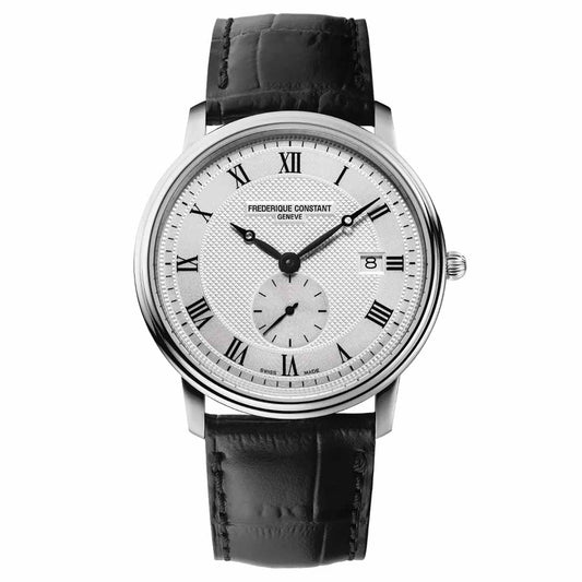 The Frederique Constant Slimline Gents Small Seconds Quartz 39mm Watch from Frederique Constant is a classic analog wristwatch featuring a silver guilloché-textured dial with Roman numerals and a date display. It includes a small seconds subdial at the 6 o'clock position, ensuring precision with its quartz caliber movement, and is complemented by a black leather strap.